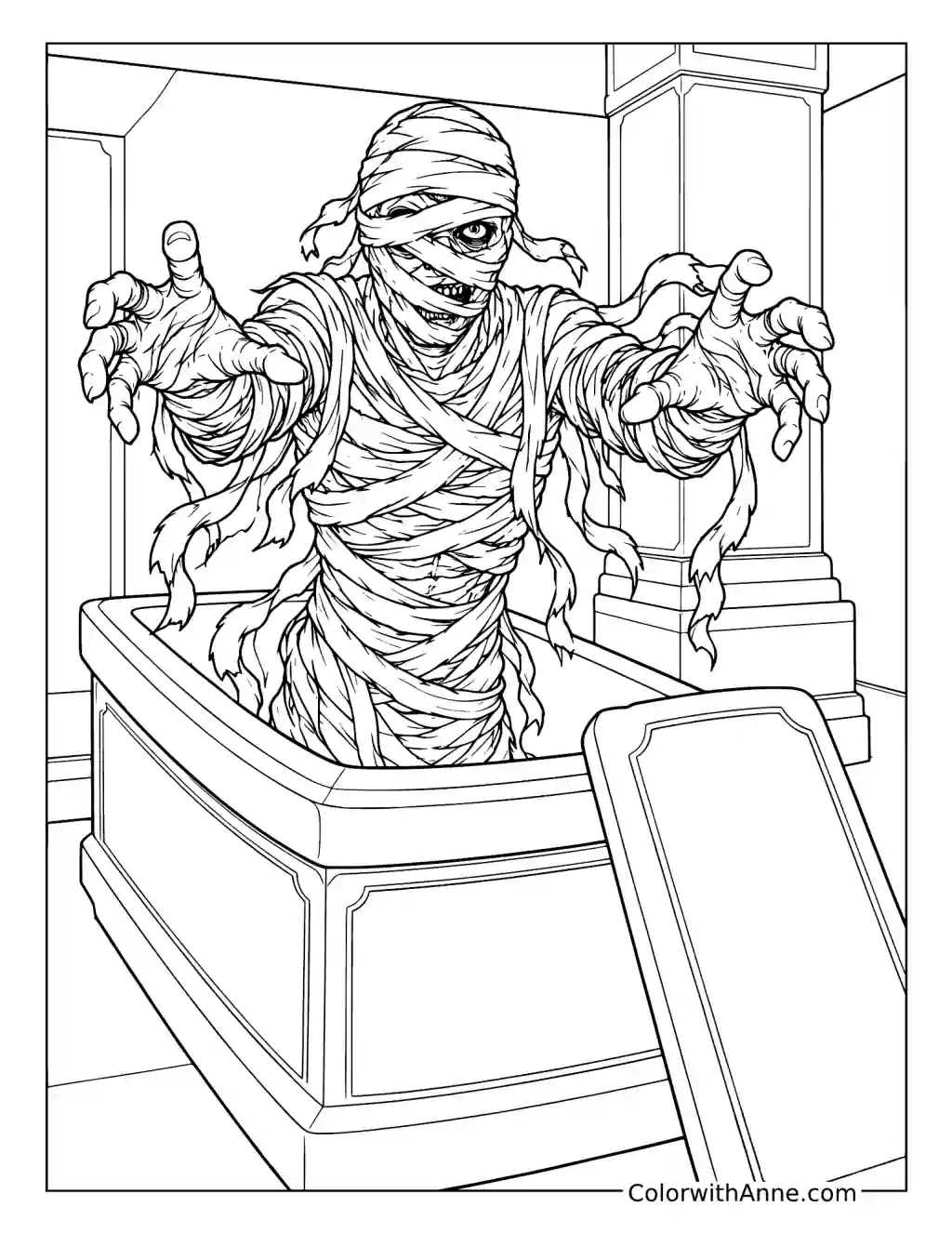 Mummy Rising from a Sarcophagus coloring page