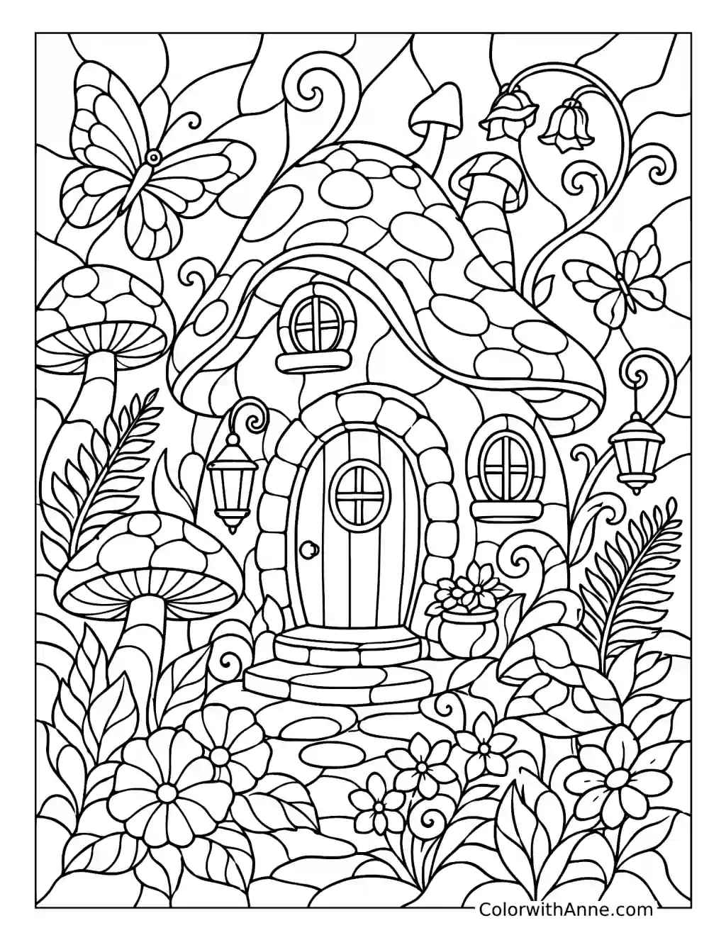 Mushroom Cottage Stained Glass coloring page
