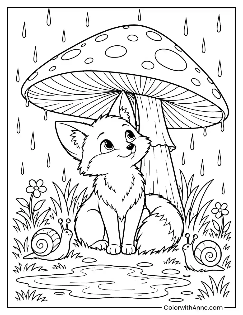Mushroom Umbrella Fox in the Rain Coloring Page