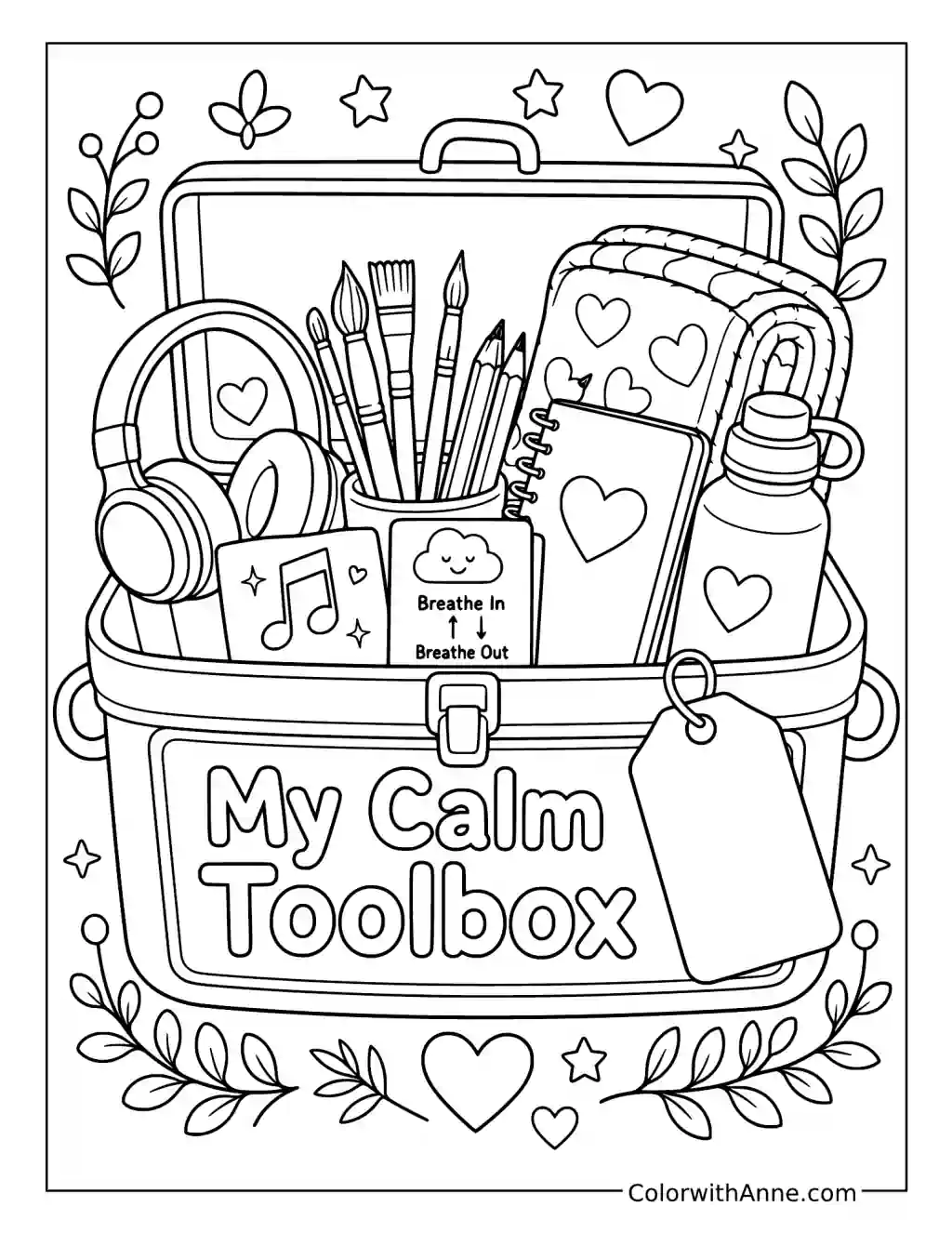 My Calm Toolbox with Comfort and Art Supplies coloring page