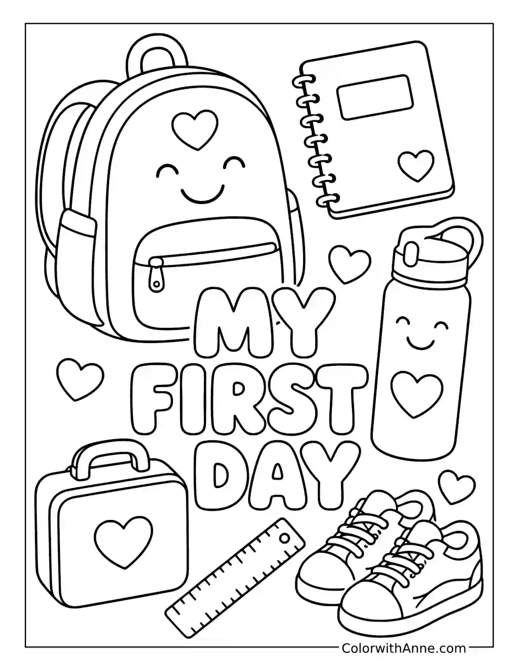 My First Day School Essentials coloring page