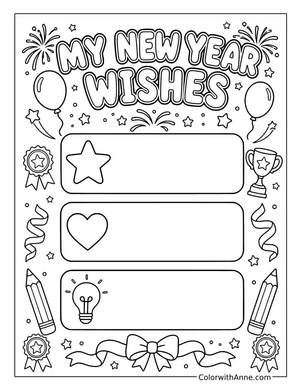 My New Year Wishes with Blank Writing Boxes coloring page