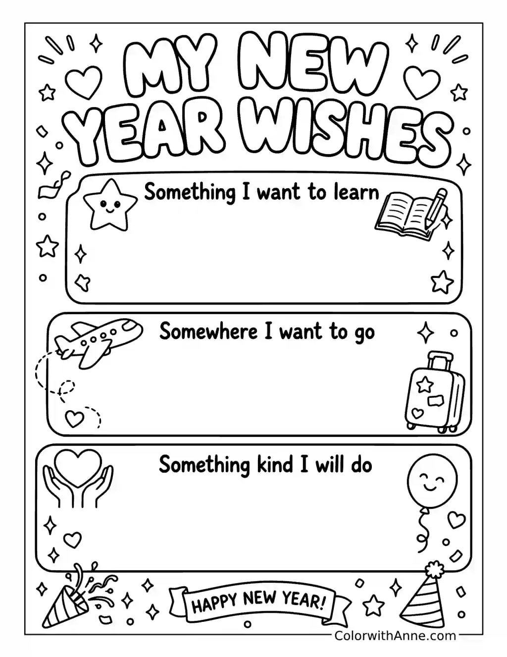 My New Year Wishes with Learning Travel and Kindness Prompts coloring page