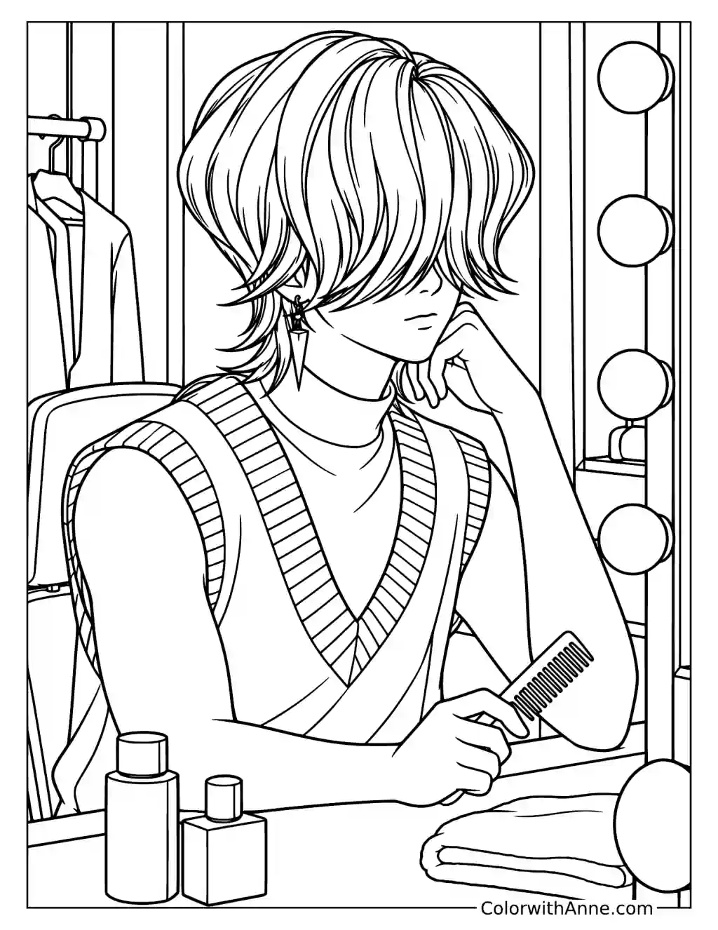 Coloring page of Mystery Saja holding a comb beside a dressing mirror with small bottles and a folded towel nearby