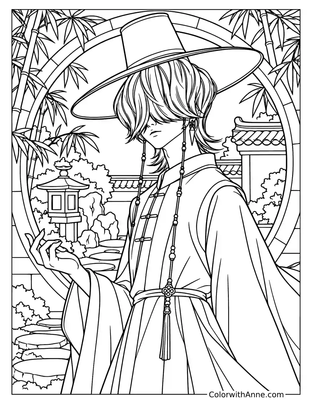 Coloring page of Mystery Saja in robes and a wide-brimmed hat beside a moon gate, bamboo, and stone lantern.
