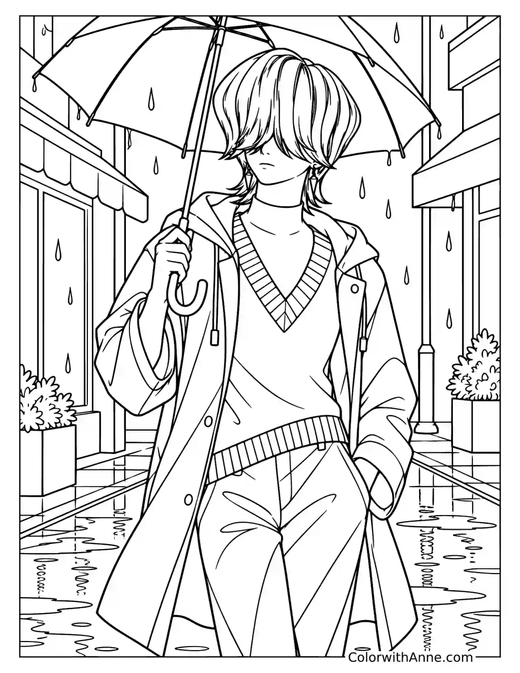 Coloring page of Mystery Saja carrying an umbrella along a rainy street with puddles beneath his long coat