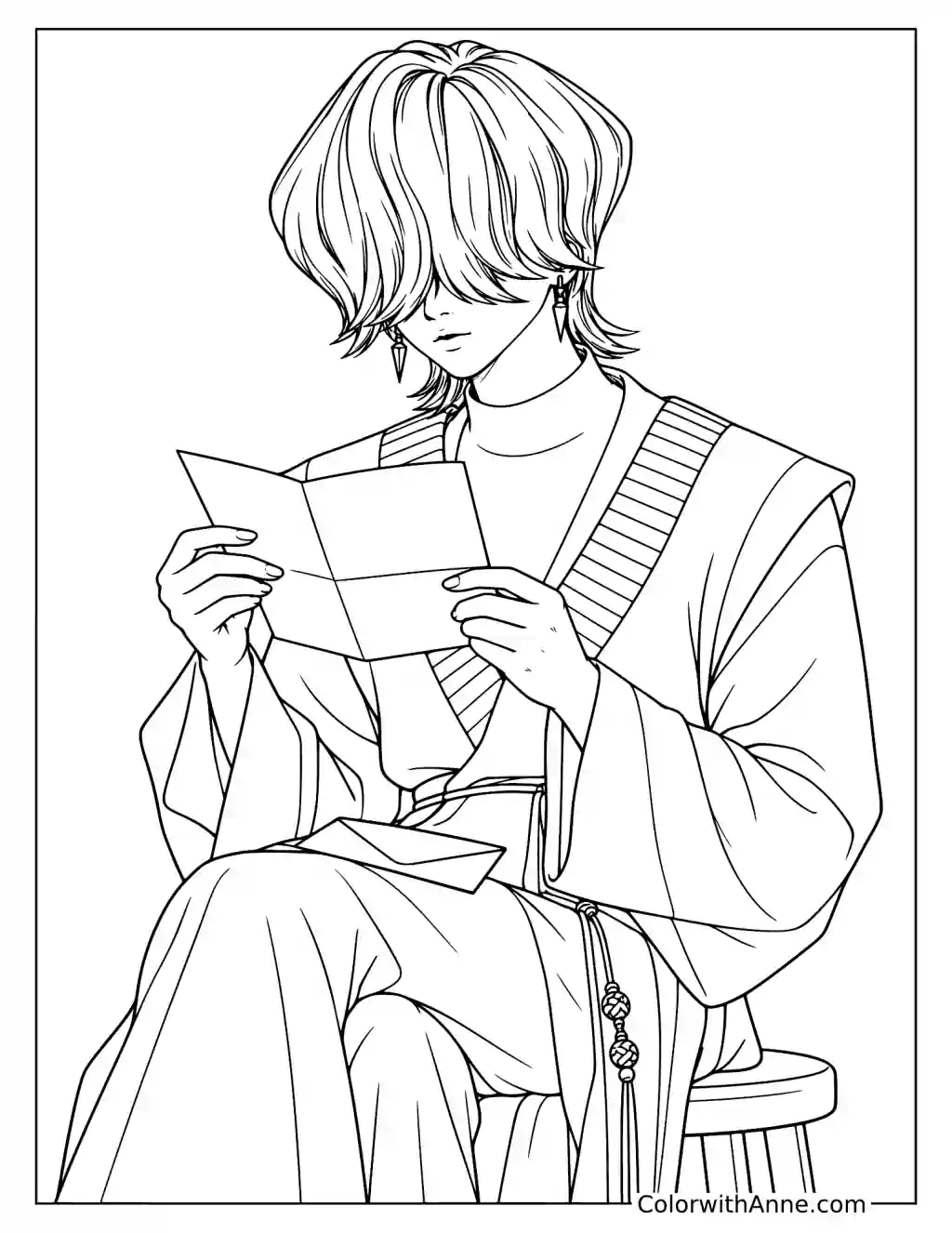 Coloring page of Mystery Saja sitting on a stool and holding an open folded sheet between his flowing sleeves