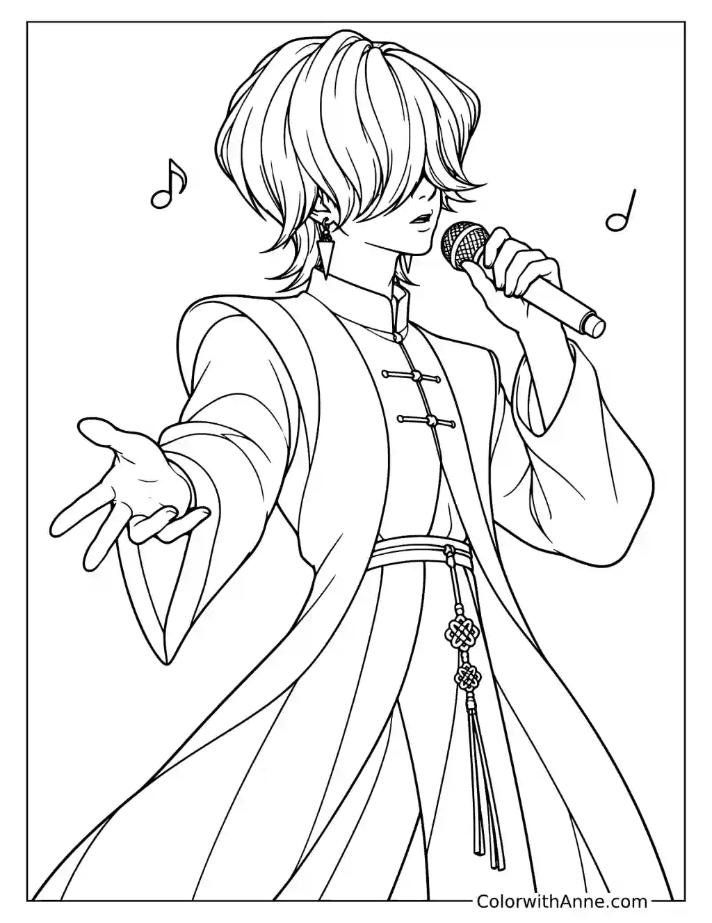 Coloring page of Mystery Saja singing into a microphone with one hand extended while wearing flowing robes beside musical notes