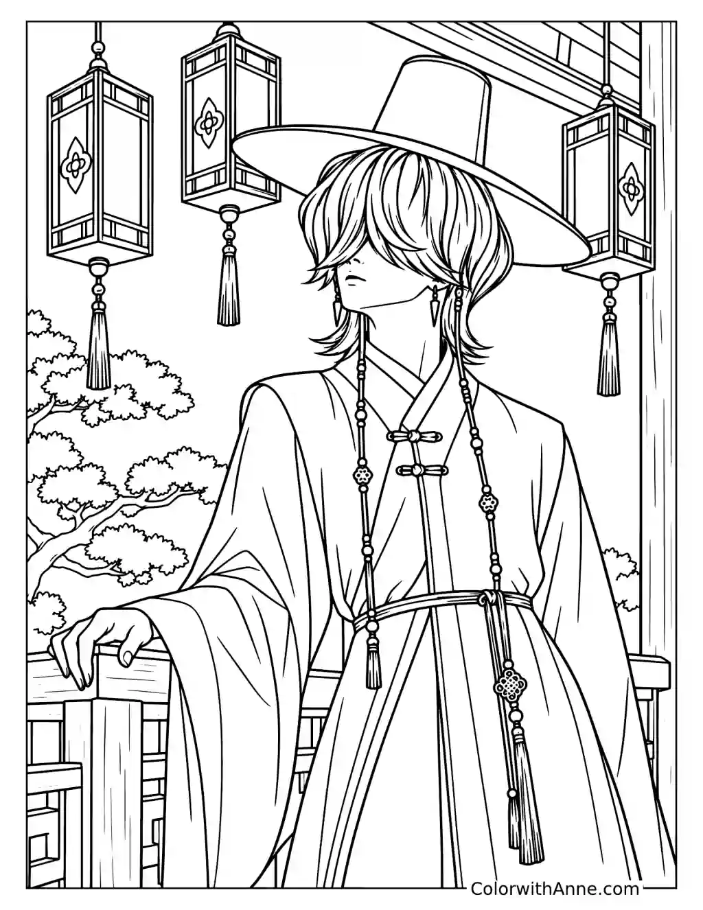 Coloring page of Mystery Saja resting one hand on a railing beneath hanging lanterns while wearing a wide-brimmed hat