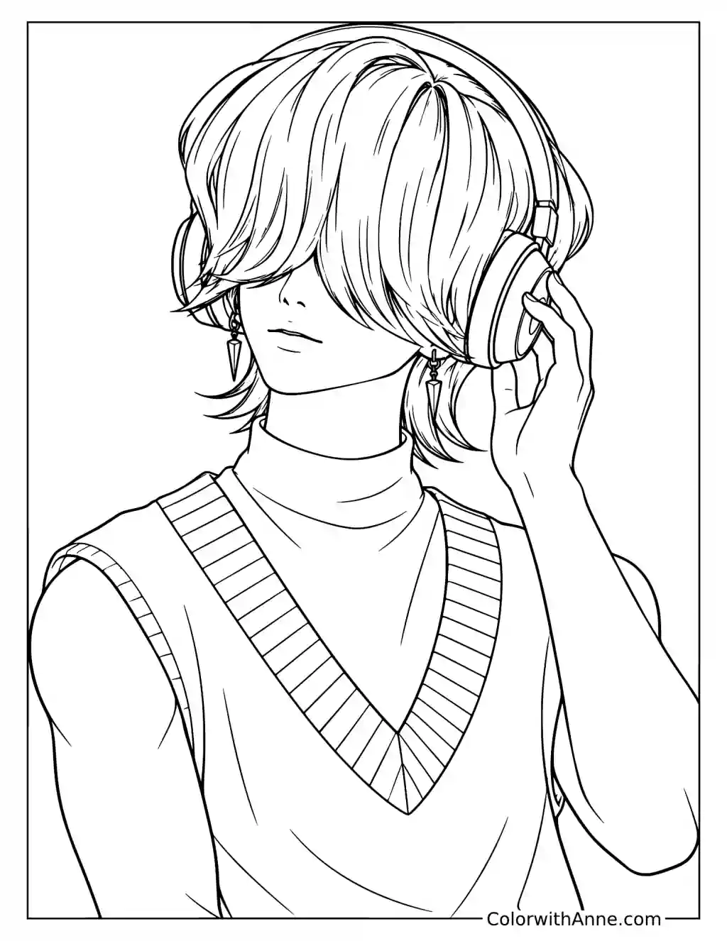 Coloring page of Mystery Saja touching one headphone earpiece with his long fringe covering both of his eyes