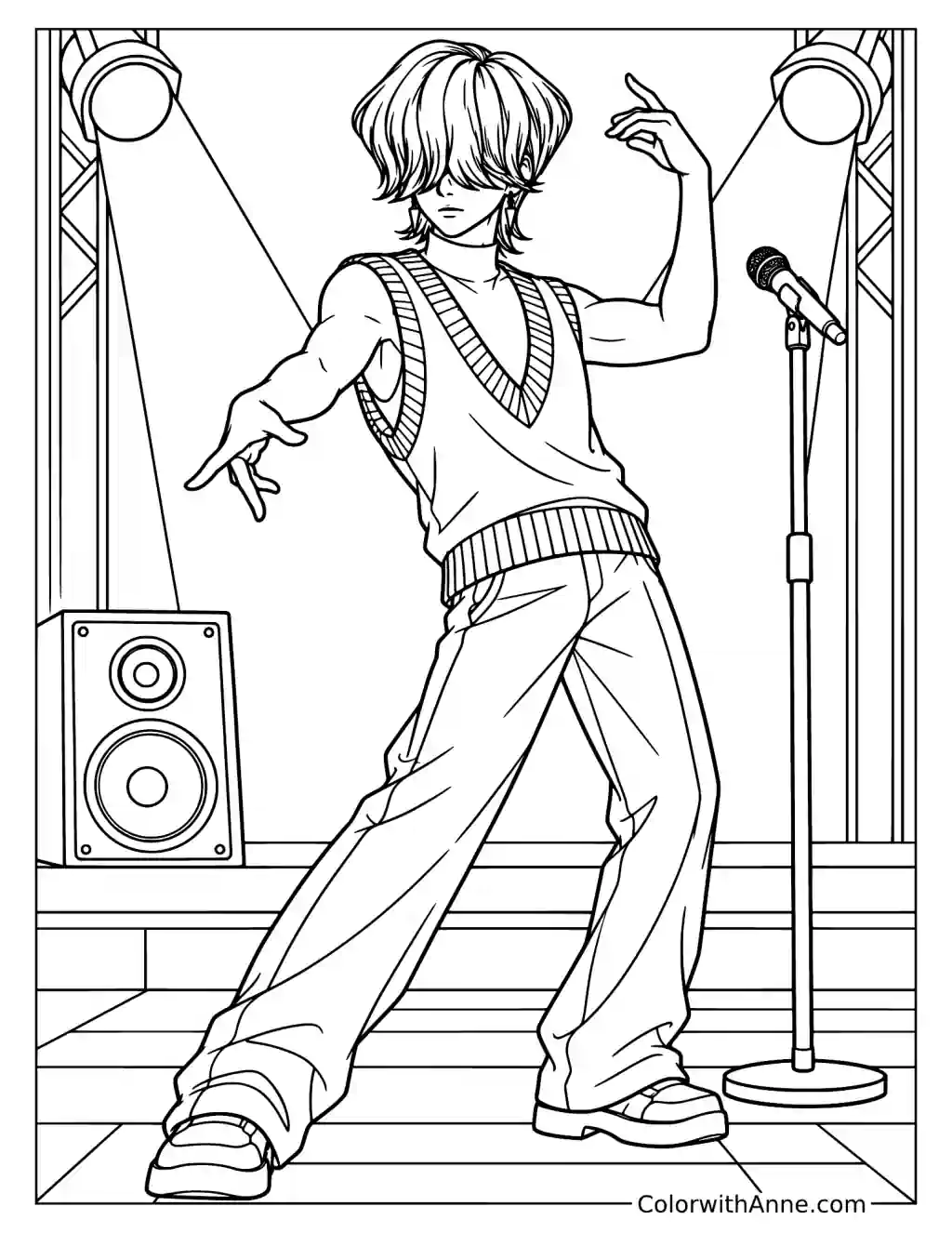 Coloring page of Mystery Saja dancing beside a microphone stand and speaker beneath two overhead stage lights