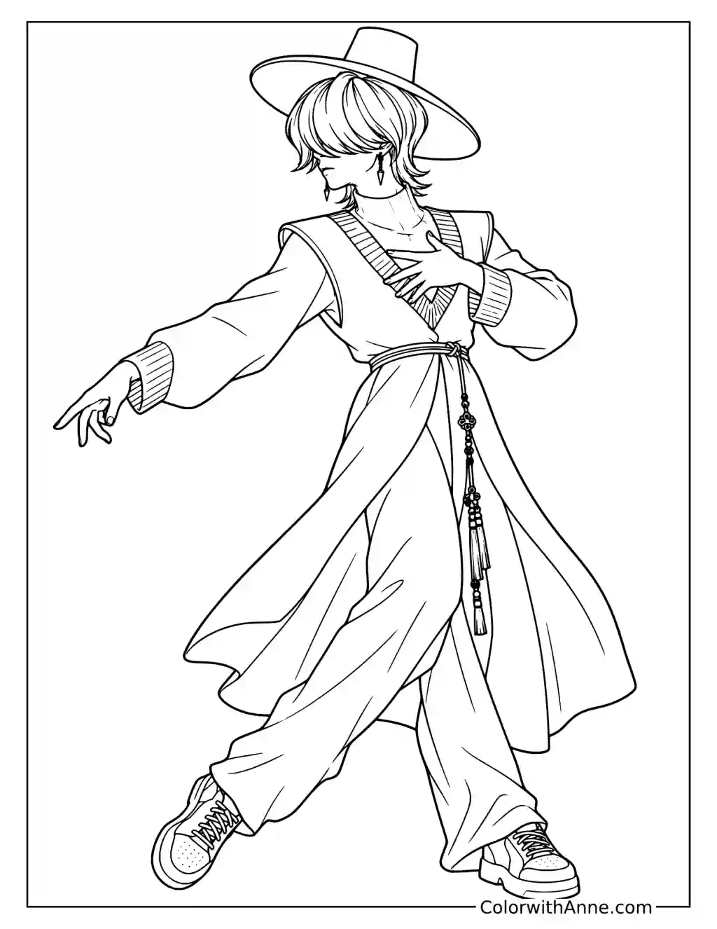 Coloring page of Mystery Saja stepping into a dance pose with one arm extended and flowing robes around his legs
