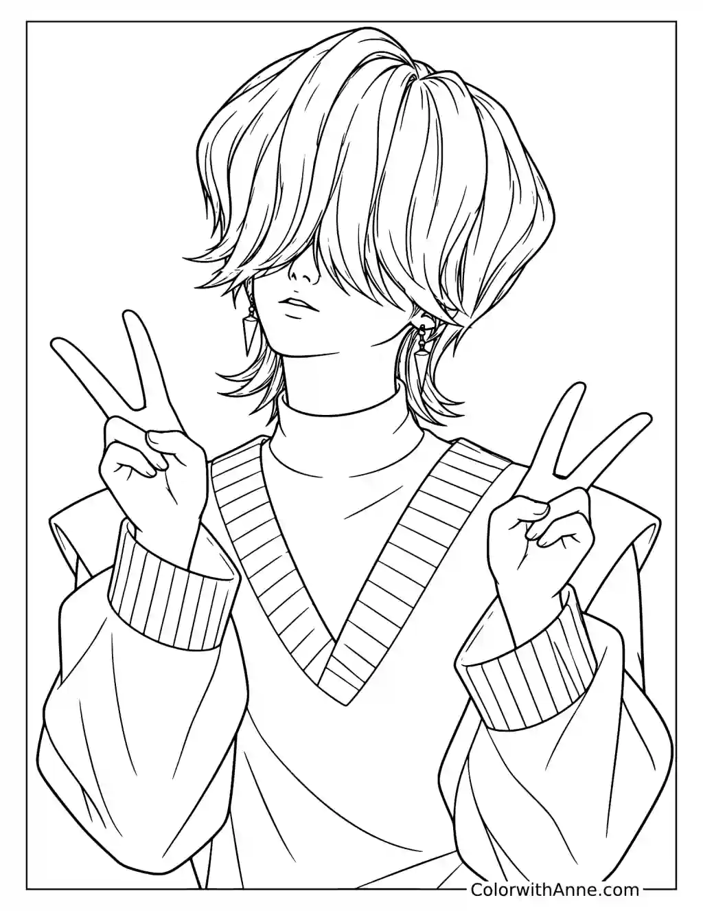 Coloring page of Mystery Saja holding up two peace signs beside his face with his long fringe covering his eyes