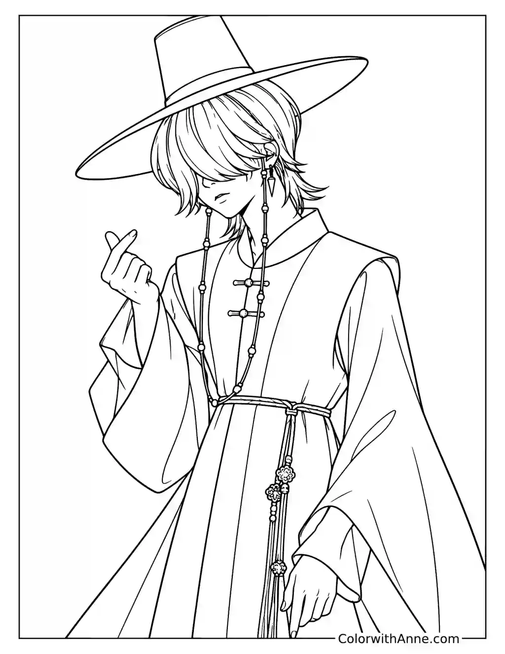 Coloring page of Mystery Saja making a finger heart while wearing a wide-brimmed hat and robes with hanging beads