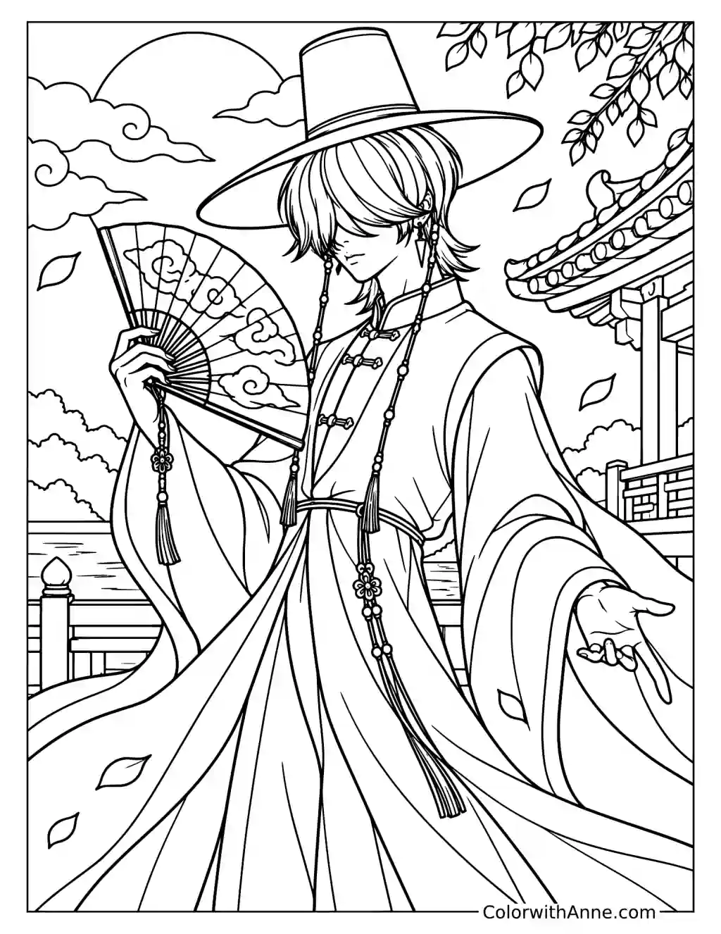 Coloring page of Mystery Saja holding an open folding fan beneath a wide-brimmed hat beside drifting leaves