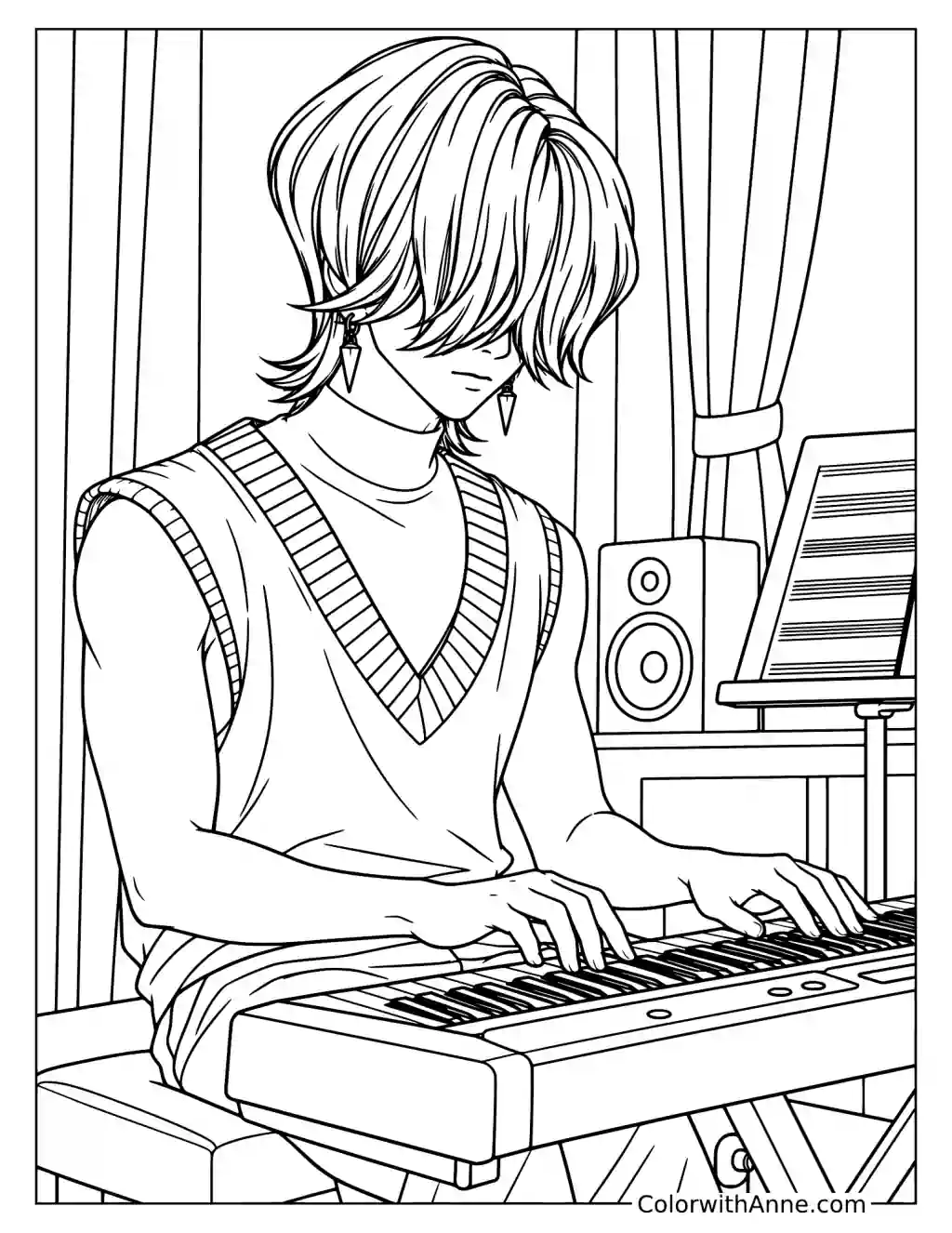 Coloring page of Mystery Saja playing an electronic keyboard beside a music stand and speaker in a curtained room