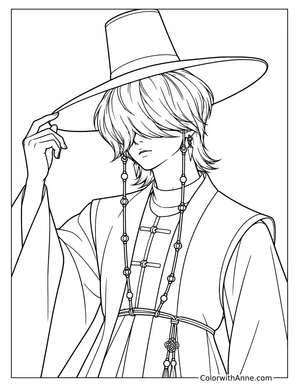 Coloring page of Mystery Saja touching the brim of his wide hat with one hand above his eye-covering fringe