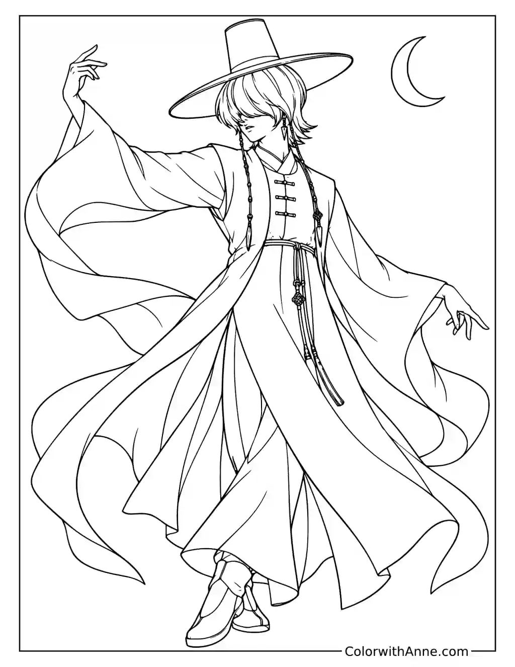 Coloring page of Mystery Saja dancing beneath a crescent moon, with wide sleeves and his robe spreading outward.