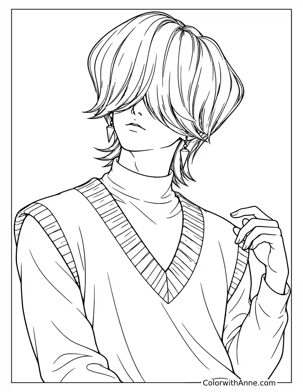 Coloring page of Mystery Saja holding one hand near his shoulder, with long fringe covering his eyes.