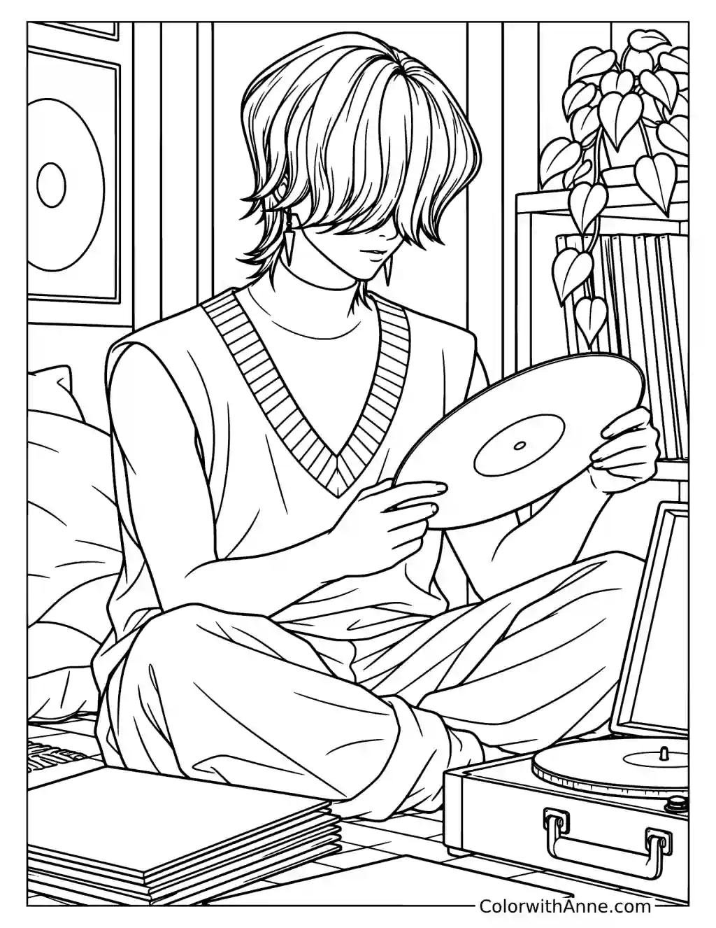 Coloring page of Mystery Saja holding a record beside an open record player with stacked sleeves nearby