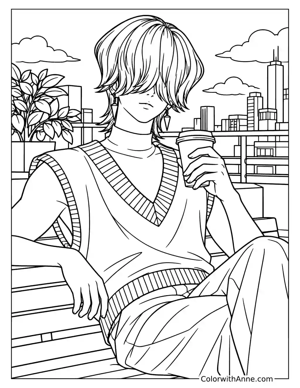 Coloring page of Mystery Saja holding a lidded drink beside a rooftop railing with a city skyline behind him