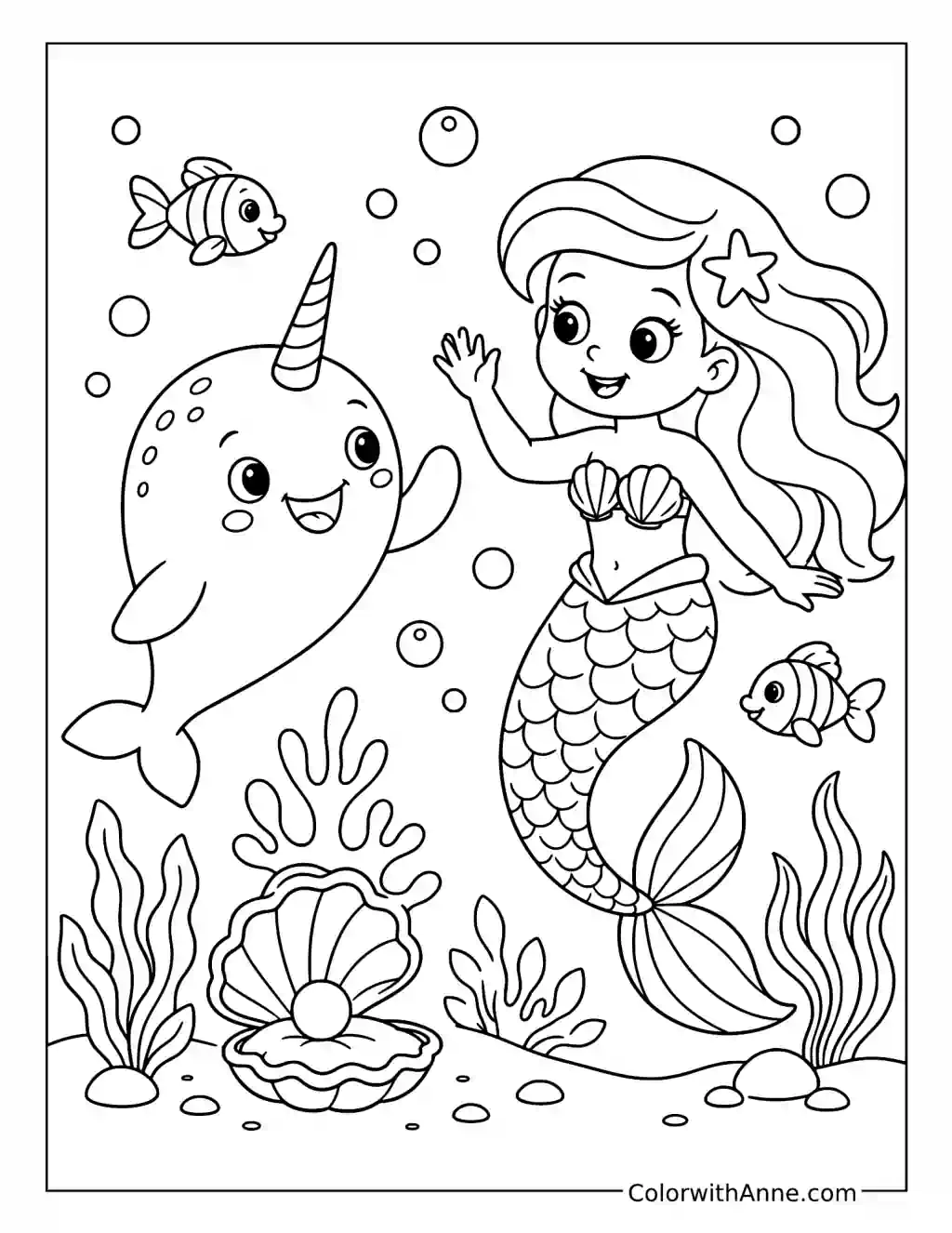 Narwhal and Mermaid Ocean Friends coloring page