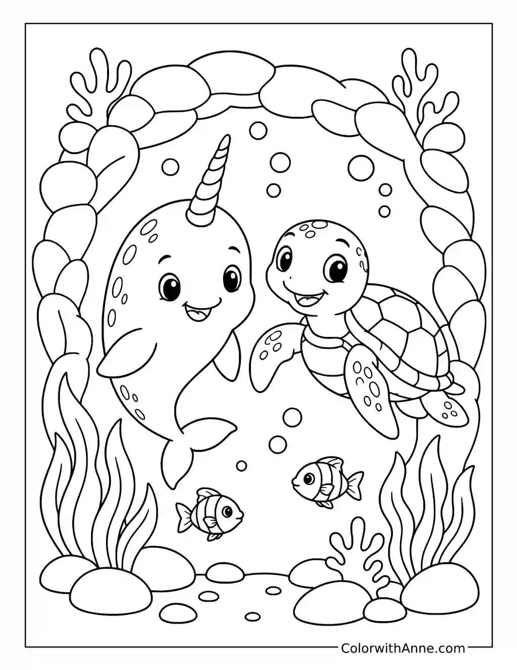 Narwhal and Sea Turtle Through Coral Arch coloring page