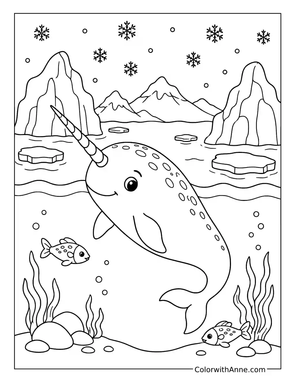 Narwhal Beneath Arctic Icebergs coloring page