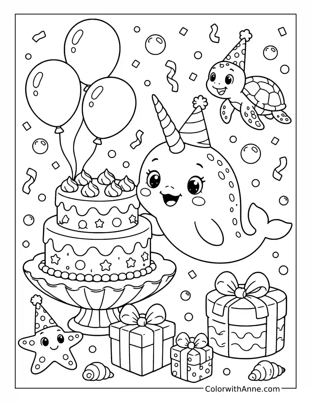 Narwhal Birthday Party with Cake and Gifts coloring page