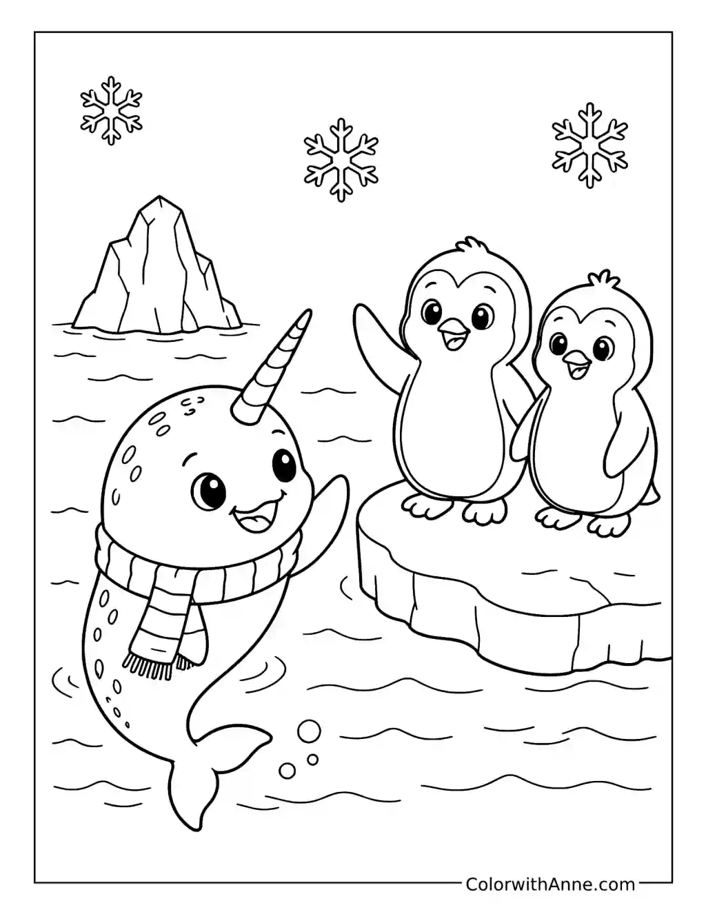 Narwhal Greets Penguins on Floating Ice coloring page