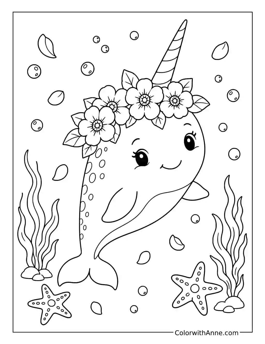 Narwhal with a Flower Crown coloring page