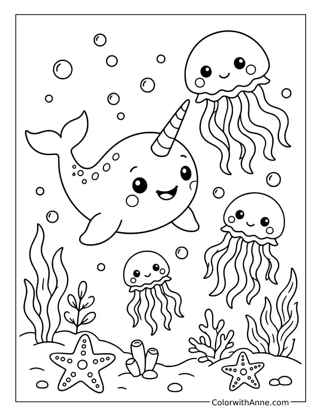 Narwhal with Jellyfish and Starfish coloring page