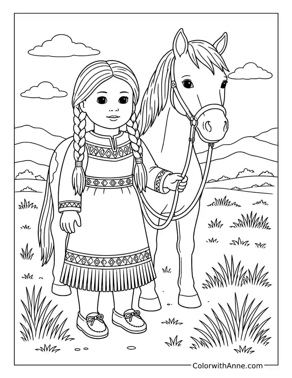 Native American Doll with Her Horse coloring page