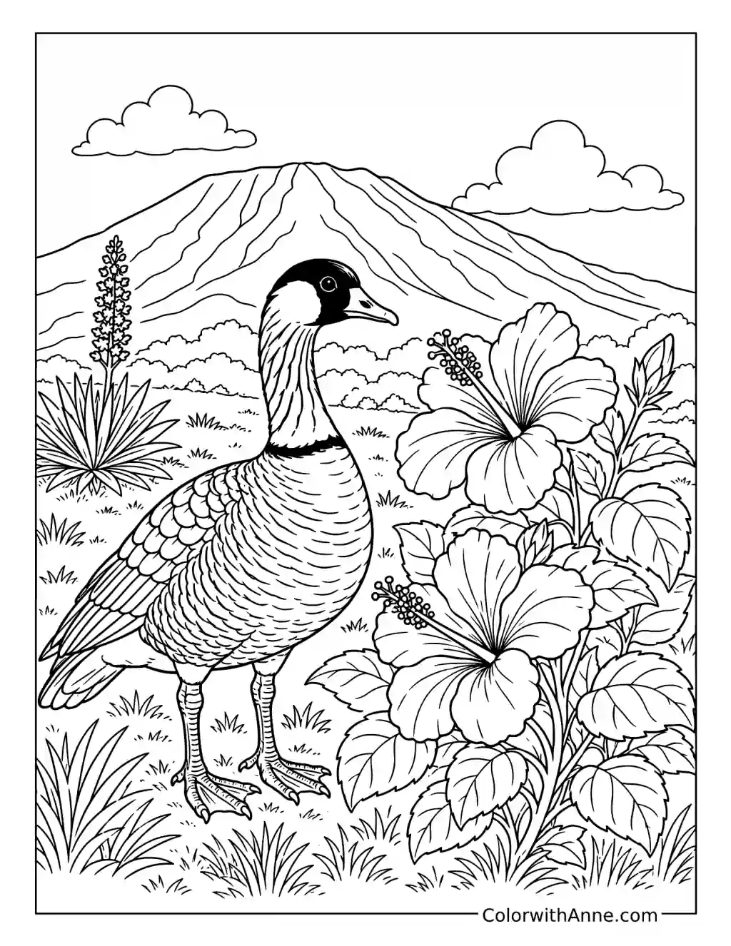 Nene Goose and Hibiscus coloring page