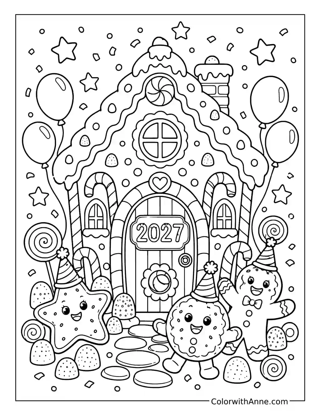 New Year 2027 Gingerbread House Party coloring page