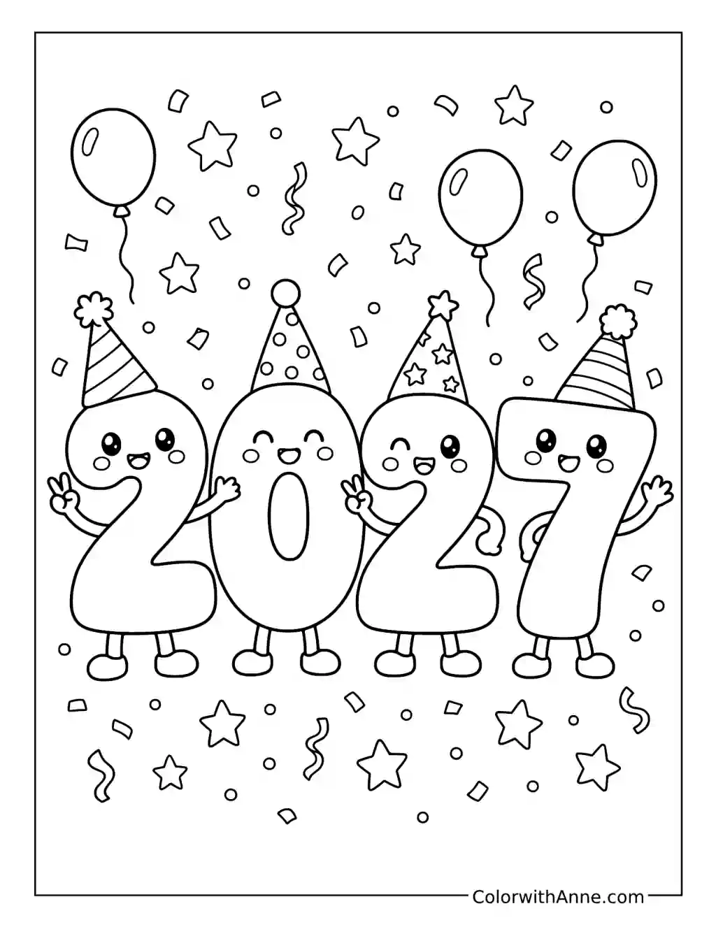 New Year 2027 Number Characters in Party Hats coloring page