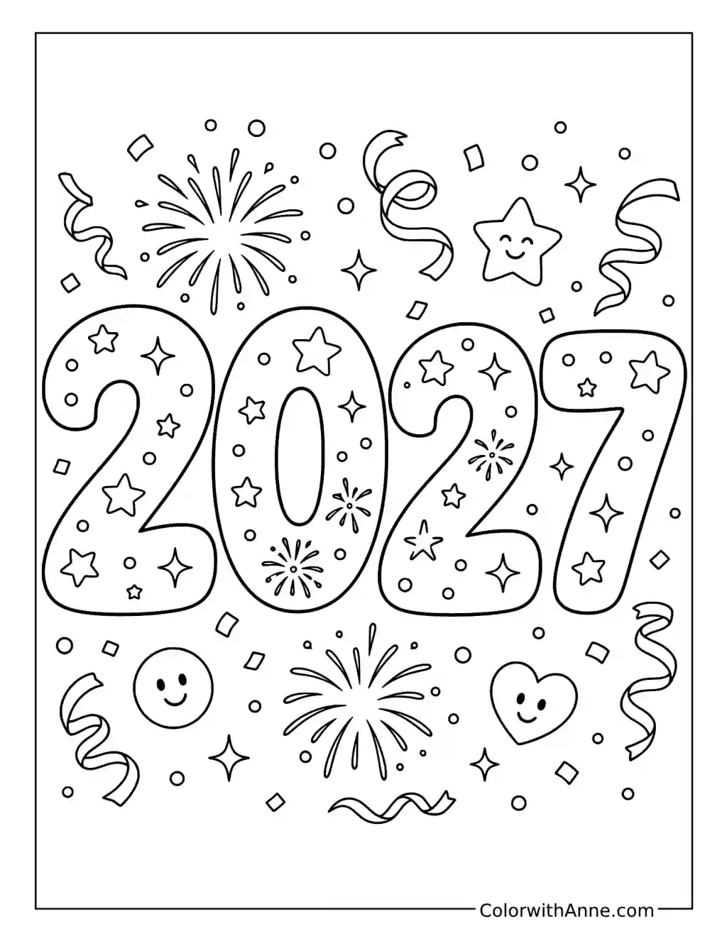 New Year 2027 Numbers Filled with Stars and Fireworks coloring page