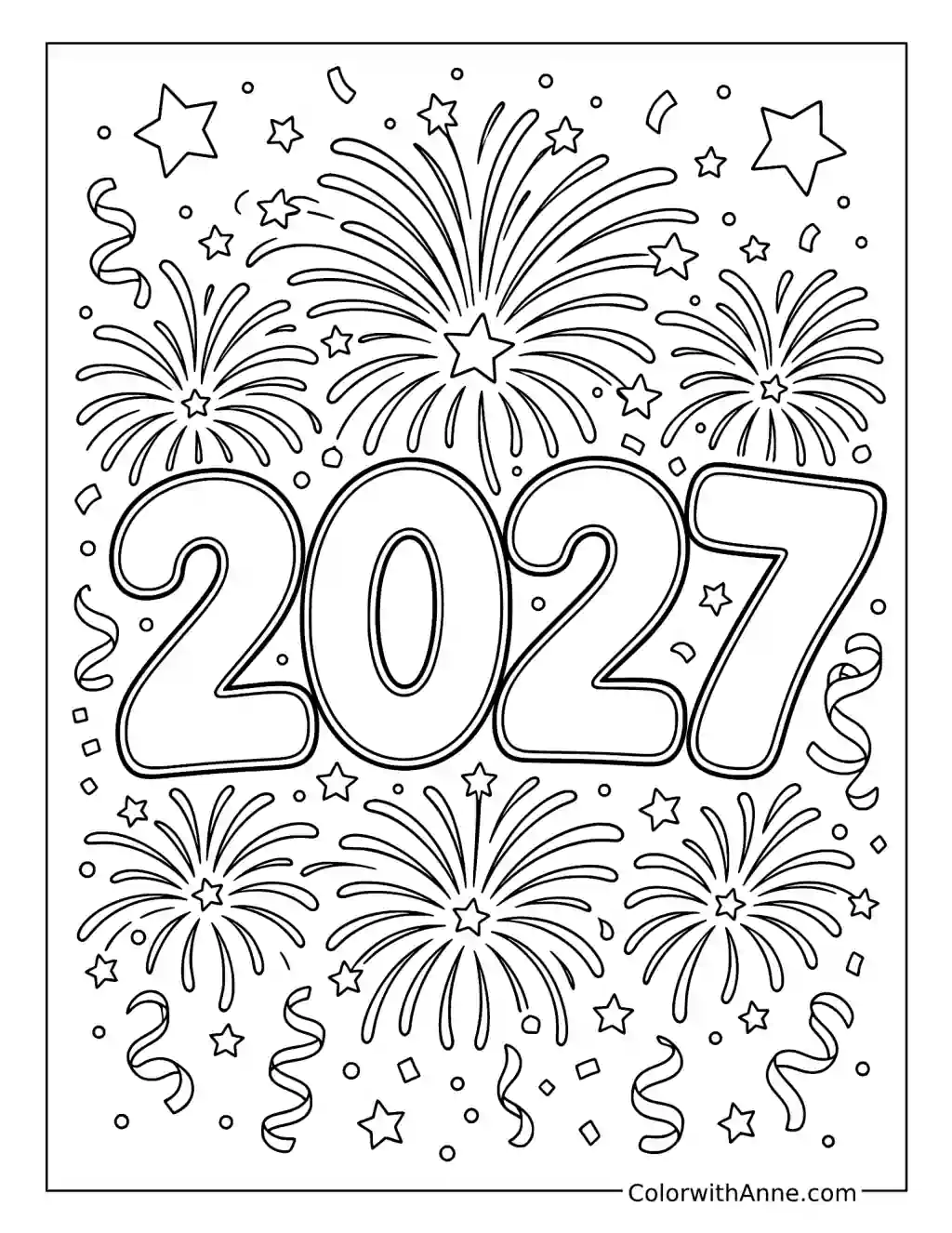New Year 2027 Numbers Surrounded by Fireworks coloring page