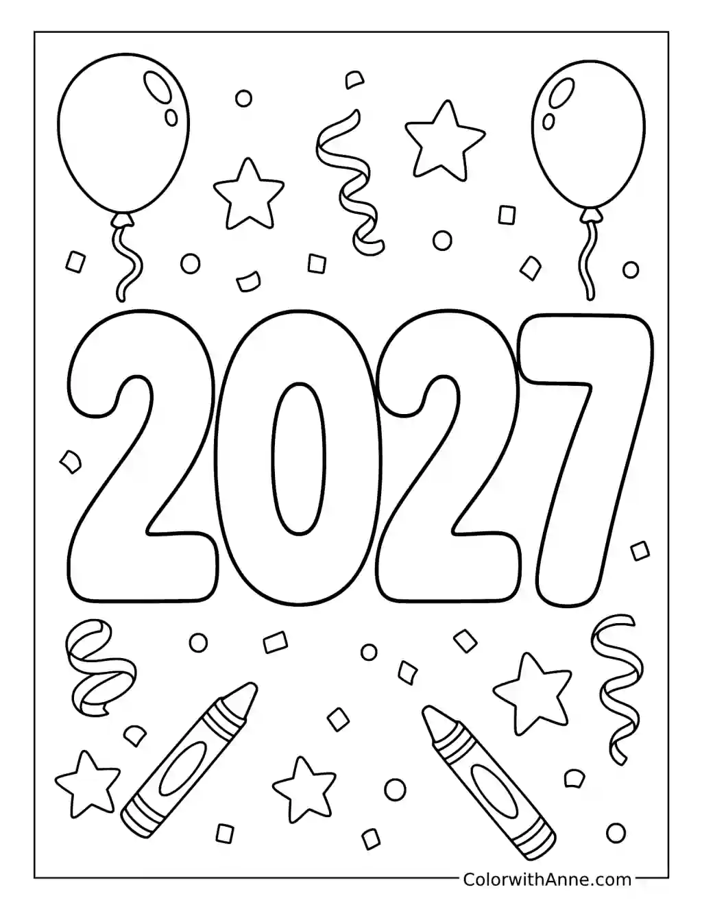 New Year 2027 Outline Numbers with Crayons and Balloons coloring page