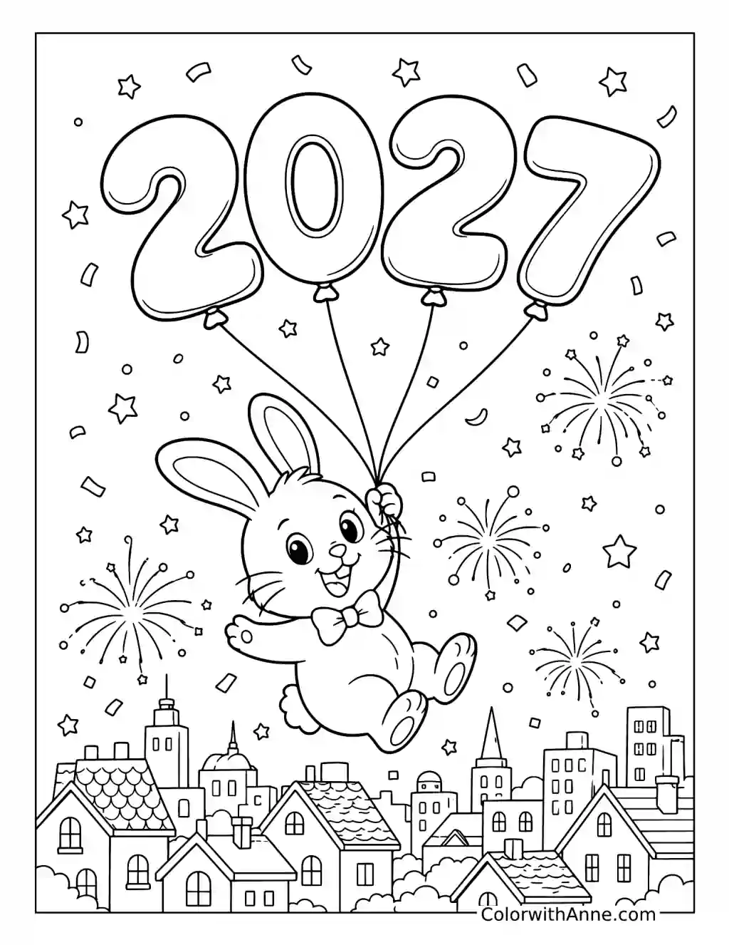 New Year Bunny Floating with 2027 Balloons coloring page