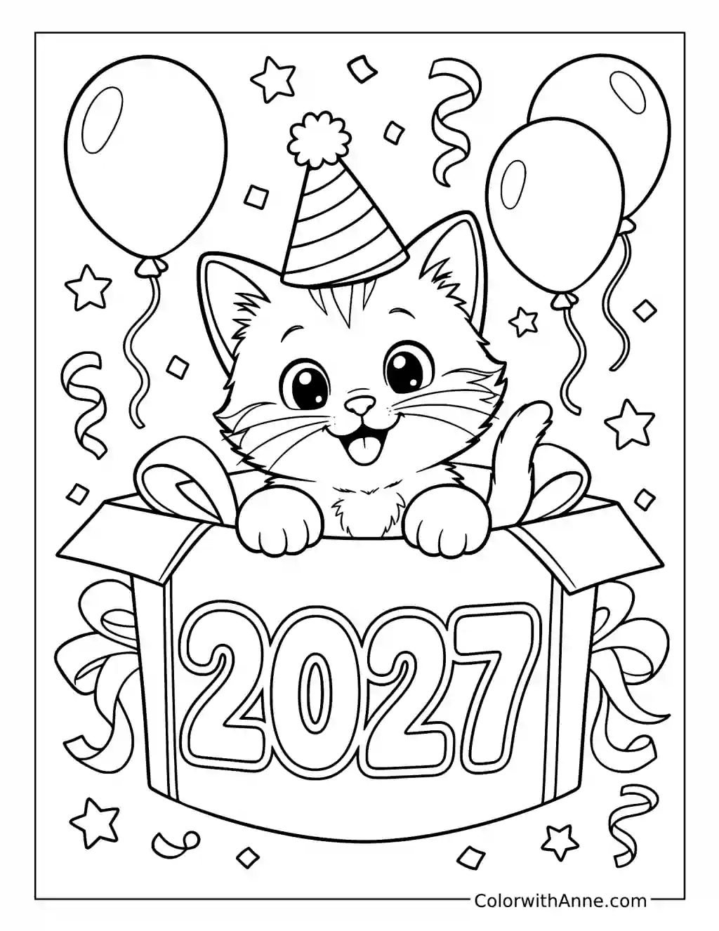 New Year Kitten Peeking from a 2027 Gift Box coloring page