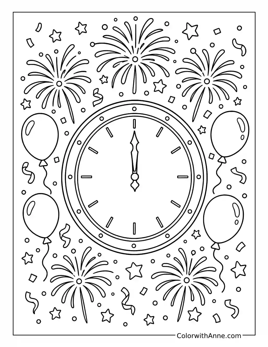 New Year Midnight Clock with Fireworks coloring page