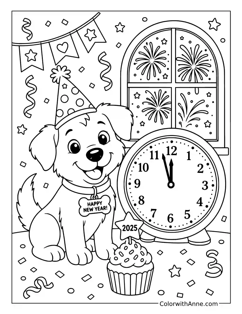 New Year Puppy beside a Clock and 2025 Cupcake coloring page