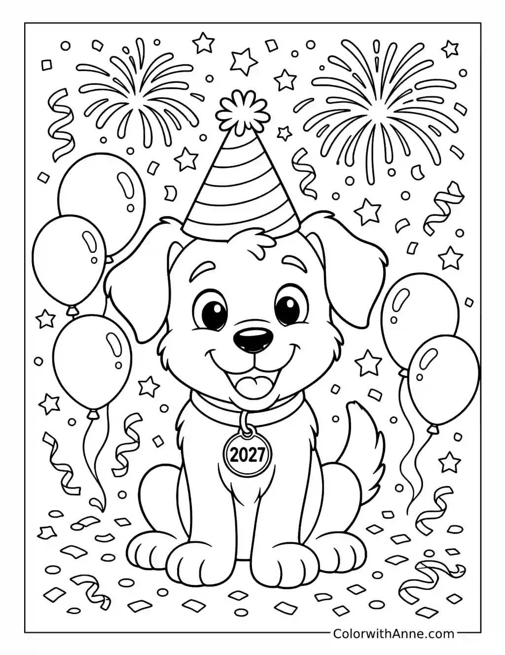 New Year Puppy with a Party Hat and 2027 Tag coloring page