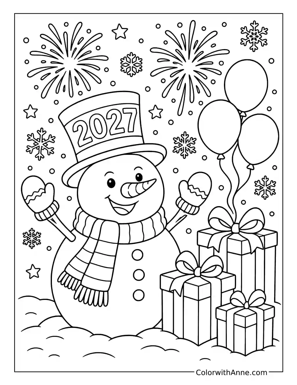 New Year Snowman Wearing a 2027 Top Hat coloring page