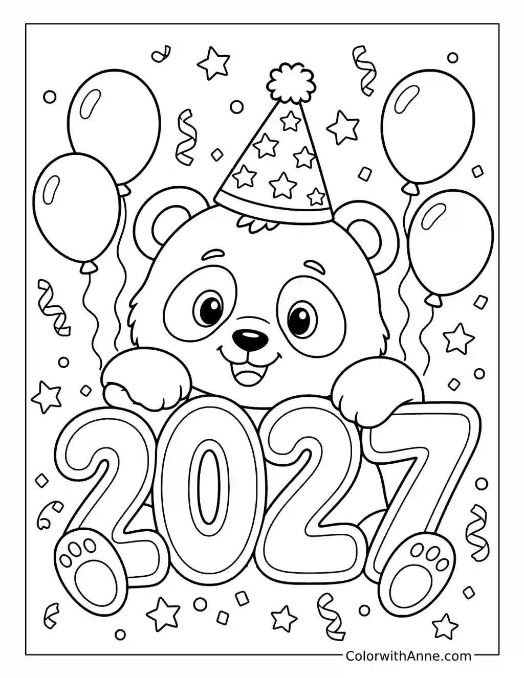 New Year Teddy Bear Holding 2027 Numbers coloring page