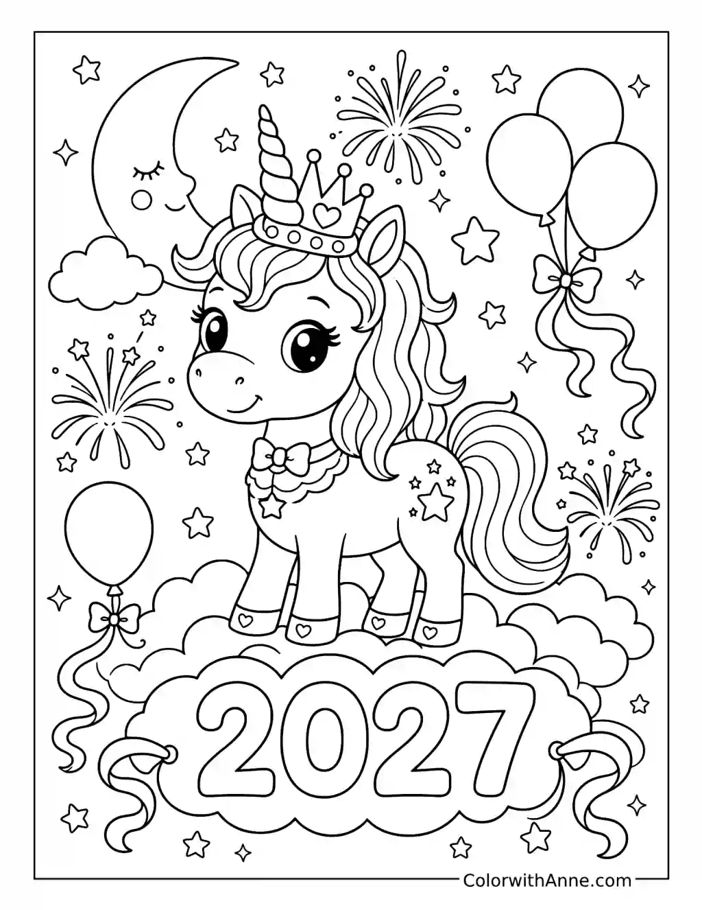 New Year Unicorn above a 2027 Cloud coloring page