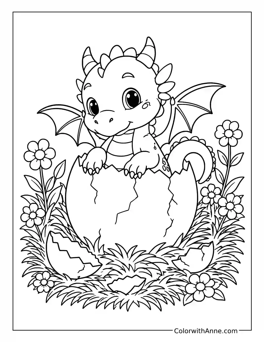 Newborn Baby Dragon Hatching in a Grassy Nest coloring page