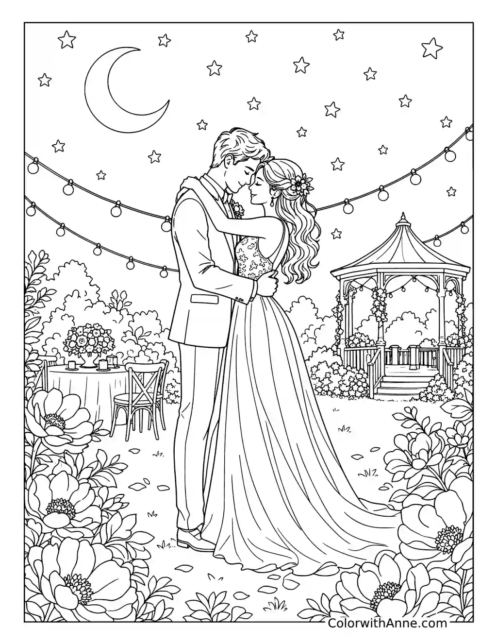 Newlyweds Beneath the Crescent Moon coloring page