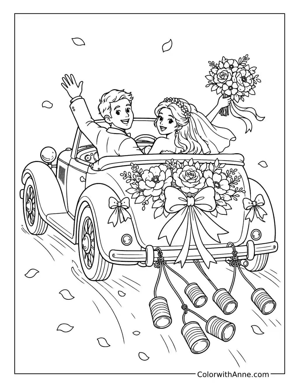 Newlyweds’ Floral Getaway Car coloring page